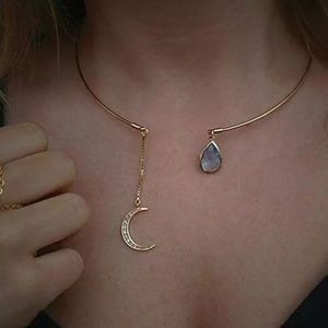 Crescent Moon and Jewel Collar Choker Necklace